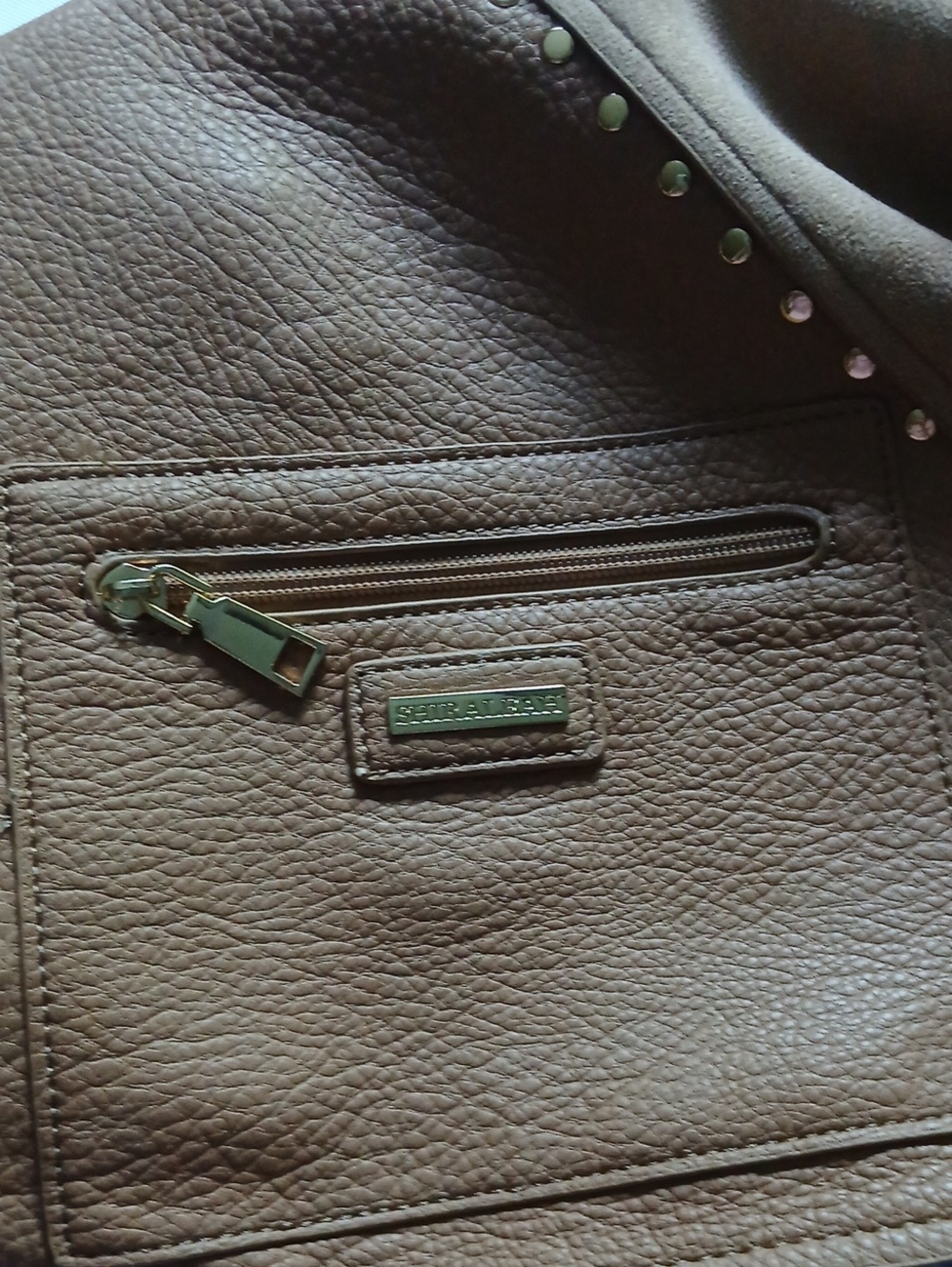Shiraleah Ryker Vegan Leather & Suede Hobo Tote Tan and Beige ■ Rivet Detailing - Picture 7 of 8